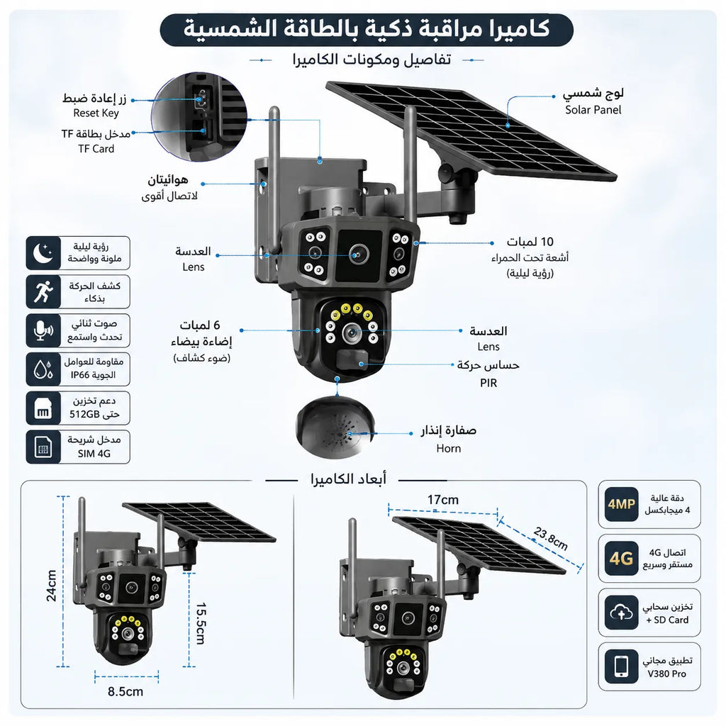 كاميرا المراقبة الذكية بالطاقة الشمسية (عدسة مزدوجة 360°)-تدعم مدخل SIM + مدخل ذاكرة خارجية