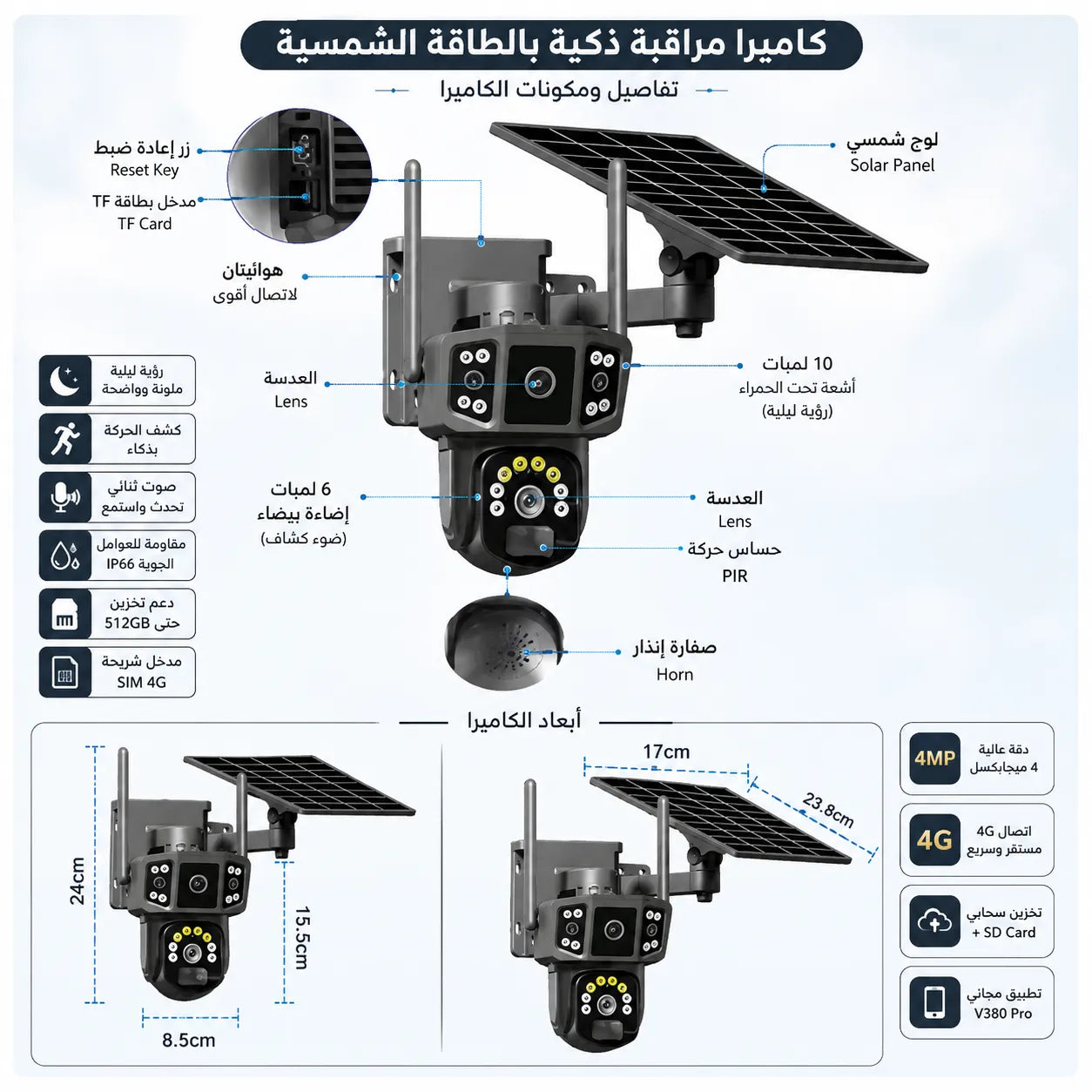 كاميرا المراقبة الذكية بالطاقة الشمسية (عدسة مزدوجة 360°)-تدعم مدخل SIM + مدخل ذاكرة خارجية
