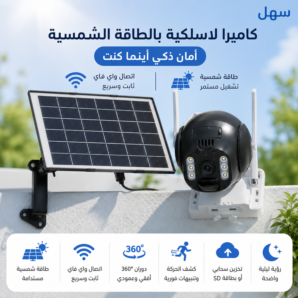 كاميرا لاسلكية بالطاقة الشمسية اتنين انتنا - تعدعم اتصال واي فاي فائق الاستقرار -  (ضمان عام )